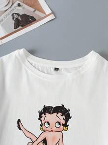 Betty Boop x SHEIN 大码女式字母印花圆领短袖T恤 - 白色 - 查看 4
