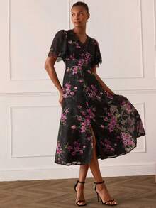Lilora Women's Elegant Cutout Floral Dress,Black And Purple,Summer High-Fashion Graceful Dress,Versatile For Wedding,Commuting,Parties,Holidays & Vacations - Multicolor - View 6