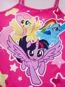 My Little Pony X SHEIN 少女卡通印花连体泳衣，适合海滩度假、泳池派对、沙滩派对 - 玫紅色 - 查看 4