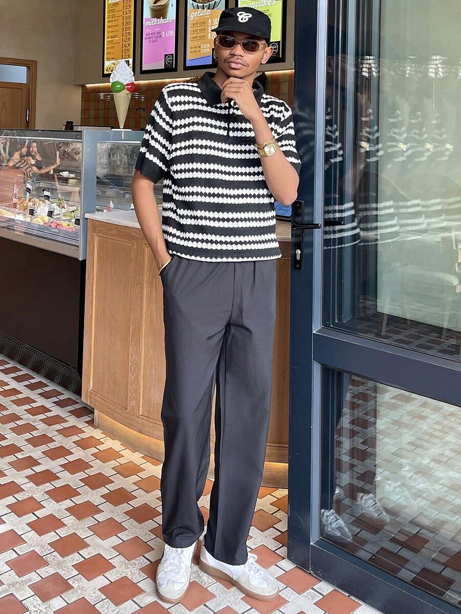 Ngobest Haus Ngobest Haus 男士短袖条纹简约针织毛衣，休闲日常穿着 - 彩色 - 查看 1