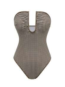 Swim Mod 2026 New Summer Women's Holiday Outfit, Women's Beach Outfit, Sexy Strapless Beachside Resort Elegant Brown One-Piece Swimsuit - Black and White - View 7