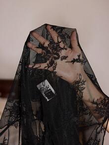 Slumberist 3件套性感蕾丝薄纱长袖睡袍+蕾丝吊带背心+高开衩蕾丝阔腿裤女士睡衣套装 - 黑色 - 查看 8