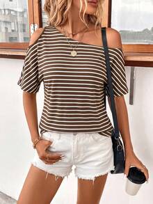 SHEIN Clasi Women's Fashionable Versatile Striped Asymmetric Neck T-Shirt, Suitable For Daily Wear - Coffee Brown - View 4