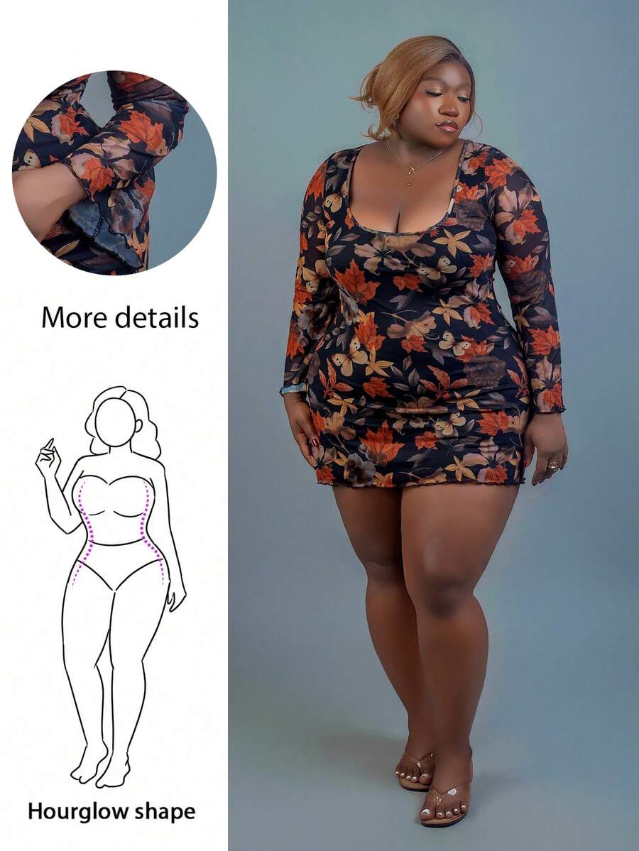 CurvyTilda Plus Size Women Autumn Vacation Style Maple Leaf Print Square Neck Ruched Fitted Dress, For Hourglass Body Shape - Brown - View 1