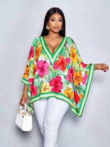SOLERSUN Women's Summer Beach Vacation Style Tropical Print Loose V Neck Batwing Sleeve Blouse,Resort Tropical Vacations - Green - View 1