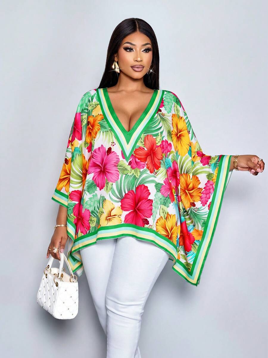 SOLERSUN Women's Summer Beach Vacation Style Tropical Print Loose V Neck Batwing Sleeve Blouse,Resort Tropical Vacations - Green - View 1