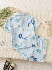 SHEIN Vintaside Kids 男童休闲度假可爱海豚印花短袖衬衫和短裤两件套，海岛风情海滩周末装扮，优雅服饰，适合外出、度假、拍照，2026春夏新款，日常百搭 - 薄荷藍 - 查看 2