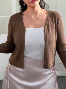 CovetEZ Plus Size Lightweight Knit Air Conditioning Cardigan, Brown, Autumn/Spring Winter - Brown - View 6