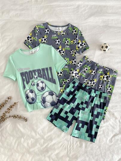 Conjunto de 4 piezas de pijama ajustado para niños, con estampado de fútbol y cuadros a la moda, tela suave y cómoda con estiramiento, top de manga corta y pantalones cortos, ropa de estar en casa casual