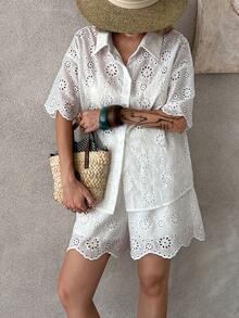 Dazy-Less Conjunto informal de 2 piezas de top de una sola hilera bordado y shorts para mujer - Blanco - Ver 6