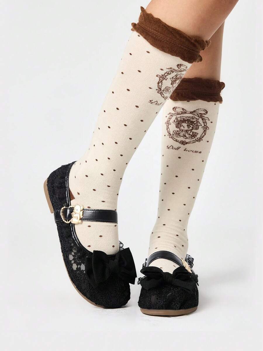 ROMWE Kawaii Bailarinas con decoración de lazo, elegantes y dulces para el Día de San Valentín - Lazo De Encaje Negro - Ver 1