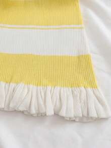 SHEIN Summer Chic Vacation White And Yellow Contrast Color Ribbed Knit Dress,Sleeveless Fitted Ruffle Hem A-Line Navy Style Office Commute Dress For Women - Light Yellow - View 4