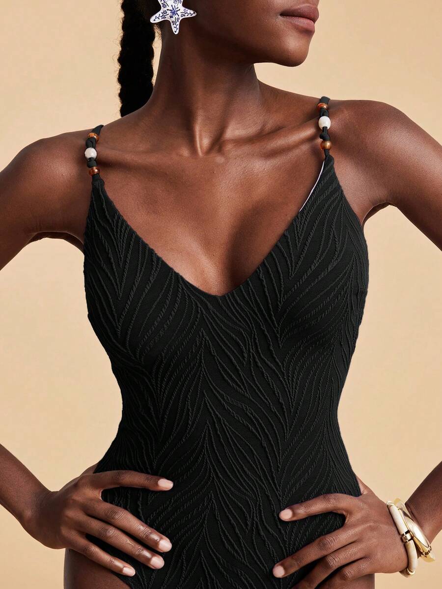Travachic Women's Summer Beach Vacation Textured Fabric Beaded Spaghetti Strap One-Piece Swimsuit - Black - View 1