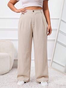 SHEIN PETITE CURVE Calça Casual Cintura Alta Perna Larga em Cor Sólida para Mulheres Plus Size - Caramelo - Visão 3