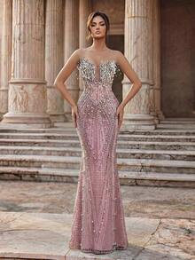 Glamrae Elegant Luxurious Sequin Embellished Strapless Mermaid Dress, Suitable For Weddings, Parties, Vacations, Galas, And Formal Events - Pink - View 5
