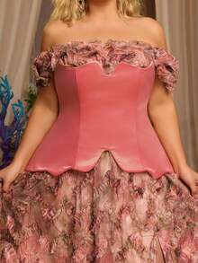 Glamrae Plus Size Dusty Pink Summer Elegant Formal Wedding Mesh Floral Print Patchwork Satin Asymmetric Maxi Dress,High Slit Gala Red Carpet Gown - Multicolor - View 10