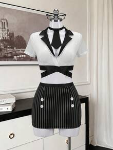 Fantasy Costume Fantasy Costume Bộ đồ lót gợi cảm chuyên nghiệp dành cho thư ký văn phòng gồm 4 món - Đen và trắng - Xem 9