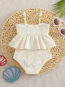SHEIN Baby Girl One-Piece Swimsuit,White Ruffle Monokini With Seashell Frilled Trim,Cute Polyester Toddler Bathing Suit,Fashionable Beach Holiday Swimwear - Apricot - View 3