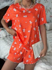 CottageSlumber Conjunto de pijama de manga corta y pantalones cortos de punto acanalado con estampado floral para mujer - Naranja - Ver 7