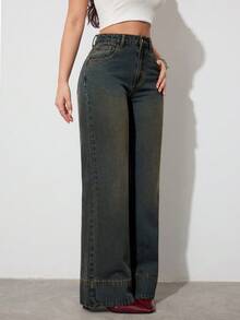 SHEIN Tall Quần jeans nữ cạp cao ống rộng kiểu vintage, phong cách thường ngày thanh lịch, phù hợp cho mùa hè, trang phục retro và sinh hoạt hàng ngày. Quần jeans nữ cạp cao ống rộng có túi, dáng rộng thoải mái, đa năng, thích hợp cho mùa hè và mùa xuân, ngày lễ tình nhân, đám cưới, phong cách thanh lịch. - Màu xanh lam - Xem 3