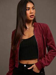 Siren Gaze Zip Up Wind Bomber Jacket In Fall/Winter - Maroon - View 7