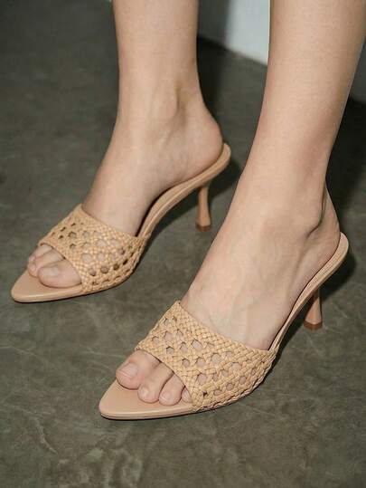 Bholvia Women's Fashionable Elegant Woven Hollow Strap Open Toe Slip-On Sandals With Thin High Heels, Suitable For Pairing With Dresses In Summer