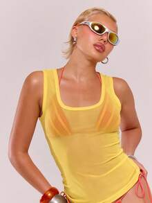 MUSERA Áo tank top lưới màu vàng gợi cảm ôm sát, thích hợp cho kỳ nghỉ hè ở Ibiza, đi biển, du lịch châu Âu, áo xuyên thấu đi chơi mùa xuân, lễ hội Carnival, kỳ nghỉ xuân, phong cách Boho. - Màu vàng ngỗng - Xem 5