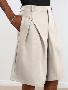 TOKVUE Pantalones cortos casuales plisados con remaches holgados para hombre, beige, estilo urbano de verano para escapada urbana, pantalones cortos versátiles de color caqui vintage y modestos para viajes, fiestas, vacaciones y festivales - Albaricoque - Ver 4
