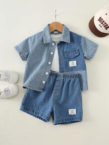 SHEIN 2pcs Baby Boy Summer Casual Korean Style Striped Denim Shirt & Denim Shorts Set, Color Block Outfit - Multicolor - View 11