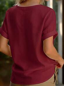 Zayélia Women's Casual Solid Color Short Sleeve Shirt, Summer - Burgundy - View 2