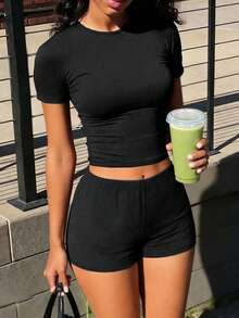INAWLY 2pcs/Set Summer Casual Solid Color Cropped T-Shirt And Shorts - Black - View 2
