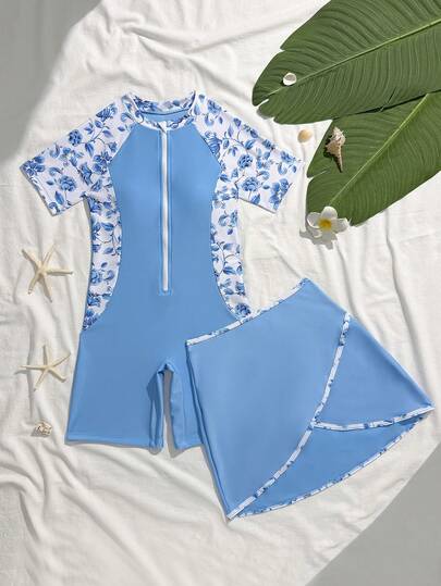 SHEIN Traje de baño de una pieza con media cremallera y falda con estampado floral para niña preadolescente