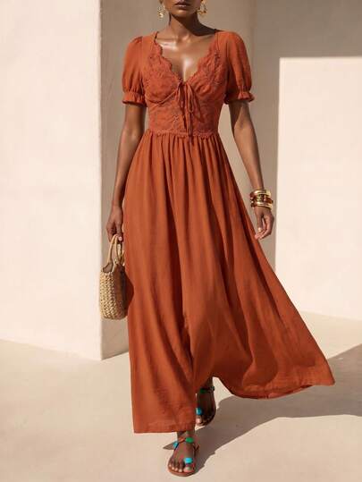 Zivah 2026 New Casual Linen Bohemian Beach Vacation Elegant Contrast Lace Trim Bubble Sleeve Dress, Distinctive Waist Lace Insert Long Dress, Khaki Dress, Bohemian Graceful Vacation Dress, Holiday Linen Vacation Dress