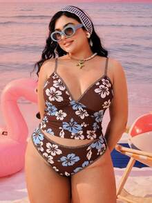 Swim Mod Bộ bikini hai mảnh in họa tiết hình học thời trang thường ngày dành cho nữ cỡ lớn năm 2026, kiểu dáng bikini tam giác cạp cao, dây đeo dày có thể điều chỉnh. - màu nâu - Xem 6
