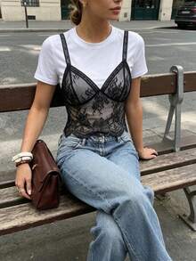 SHEIN PariChic Women's Summer Chic Sexy Everyday Club Night Out Golf White 2 In 1 Lace Camisole T-Shirt, Hollow Floral Lace Overlay V-Neck Short Sleeve Top Black - Black and White - View 6