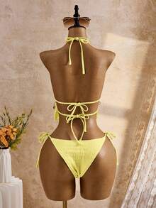 Bellisia Bộ áo croptop và tankini họa tiết jacquard họa tiết vỏ sò, thích hợp cho kỳ nghỉ hè/xuân, 26SS. - Màu vàng - Xem 2