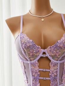 SHEIN Spicy Aura 1件装女士性感花卉刺绣网纱连体衣 - 淡紫色 - 查看 3