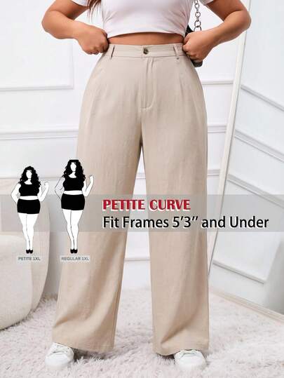 SHEIN PETITE CURVE Quần ống rộng cạp cao màu trơn dành cho nữ cỡ lớn, kiểu dáng thường ngày.