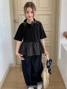 Dazy Kids Round Neck Splicing Letter Print Short Sleeve A-Line Tween Girls T-Shirt - Black - View 5