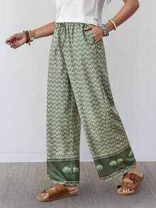 Wildy Quần dài nữ mùa hè kiểu dáng BOHO phong cách miền Tây hoang dã, họa tiết retro, thích hợp cho lễ hội âm nhạc đồng quê, ống thẳng có túi, phù hợp mặc hàng ngày và đi làm. - màu xanh lá - Xem 7