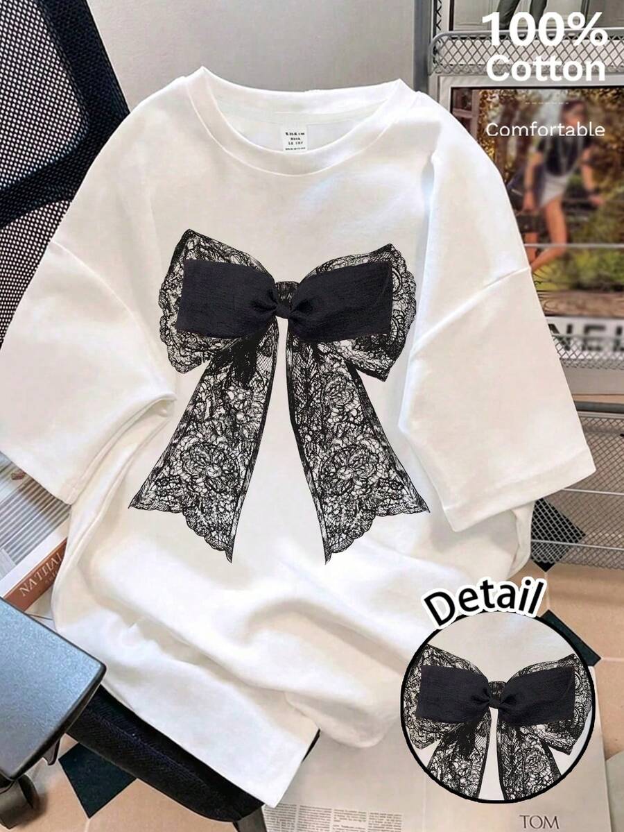 SHEIN EZwear 100%純棉女款休閒寬鬆圓領T恤,蝴蝶結裝飾,女款休閒夏季上衣 - 白色 - 查看 1