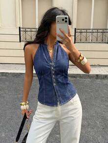 Siren Gaze Áo sơ mi denim cổ yếm cài nút phía trước dành cho nữ, kiểu dáng thường ngày, thích hợp cho mùa hè. - Màu xanh lam - Xem 4
