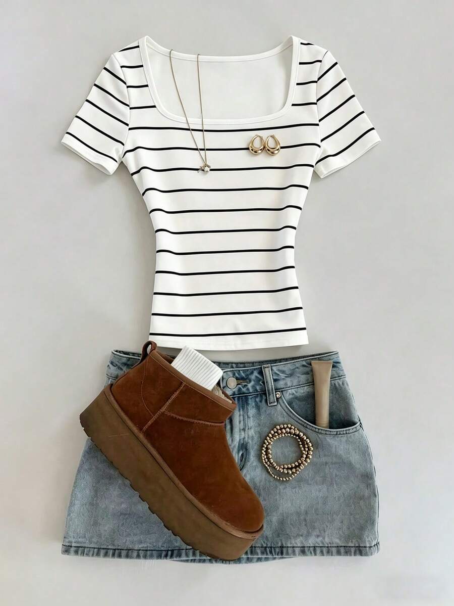 INAWLY Nuovissimo stile in , maglietta a scollo quadrato con stile delicato e righe a contrasto, vestibilità slim, versatile per uso quotidiano sia dentro che fuori, stile primavera/estate - Multicolore - Visualizzare 1