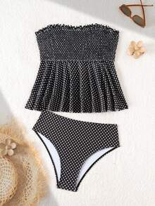 Swim Mod Berry Dot Layered Ruched Spaghetti Strap Bikini Top, Strapless Design With Front Shirred Detail, Double Layer Ruffle Belly Coverage Slimming, Camisole Style Bikini, Suitable For Beach, Sand, Pool, Vacation - Black and White - View 3