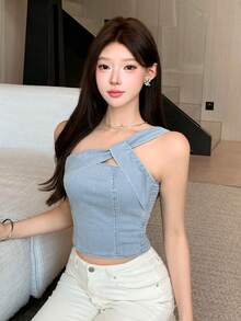 DAZY 春夏不对称露肩短款上衣，扭结设计，修身休闲，适合情人节、婚礼、度假、海滩、波西米亚风，优雅吊带背心，女士牛仔上衣 - 淺色水洗藍 - 查看 6