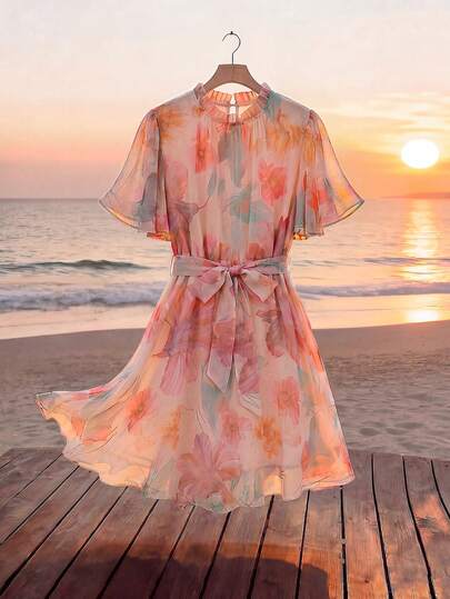 Ellevyn Women's Elegant Floral Print Belted Short Dress, Summmer Cream Floral Floral Dress For Women Women's Chiffon Floral Print Versatile Slim Waist Short Sleeve Loose Fit Elegant Versatile Dress Wedding Bridal Party Bridal Party Wedding Wedding
