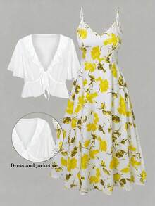GlowEve CURVE Brown Short Sleeve Top + Floral Print Ruffle Trim Vest, Plus Size 2pcs Set Gym Summer - Yellow - View 1
