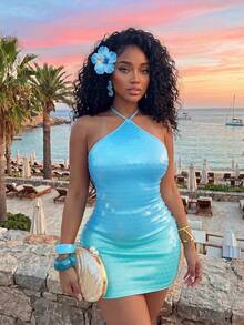 Slaydiva Vestido mini con lentejuelas en degradado de azul a menta, vestido con escote halter, espalda descubierta, para fiesta y discoteca - Multicolor - Ver 9