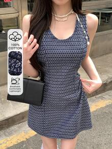 Joudiya Đầm kiểu vest kẻ caro xanh nhạt cổ điển, thanh lịch cho ngày Valentine, đám cưới, tiệc tùng, các dịp trang trọng, thời trang công sở, đầm denim ngắn ôm eo dành cho nữ, đầm hè cho nữ. - Rửa trung bình - Xem 2