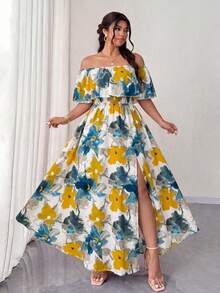 Elenzga Maxikleid in Große Größen für Damen, Frühling/Sommer Neuheit mit Blume Muster, Off-Shoulder Rüschensaum, romantisch sexy mit geraffter Taille. Geeignet für romantische Urlaubsreisen, Dates, Reisen, städtische Ausflüge, Musikfestivals und romantische Anlässe. - Verschiedenfarbig - Übersicht 5